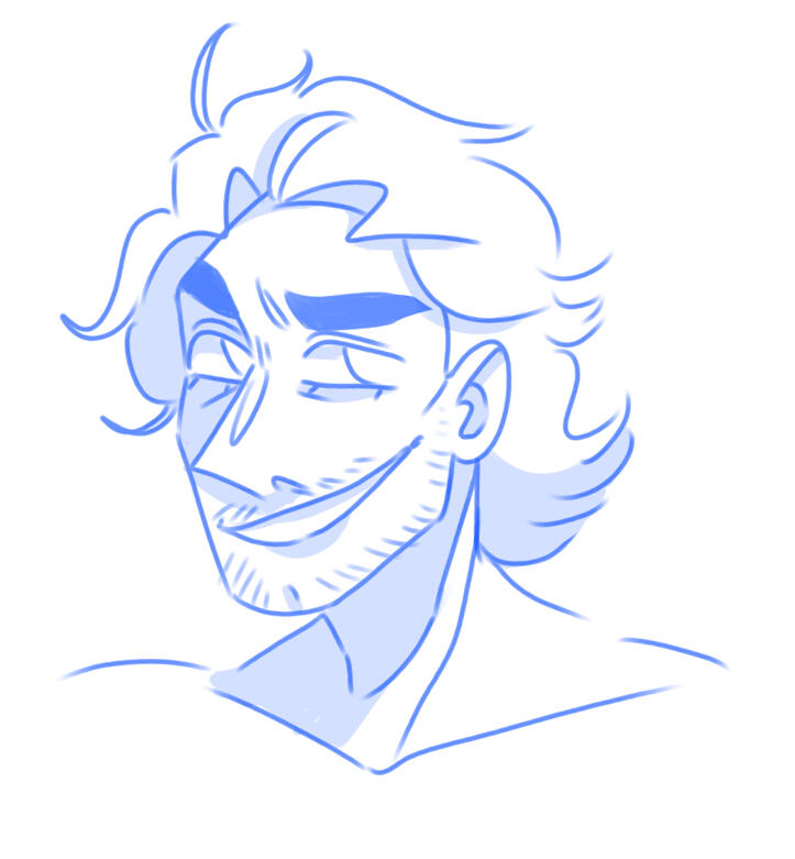 sketch of a man with clean, light blue line-work, minimal shading