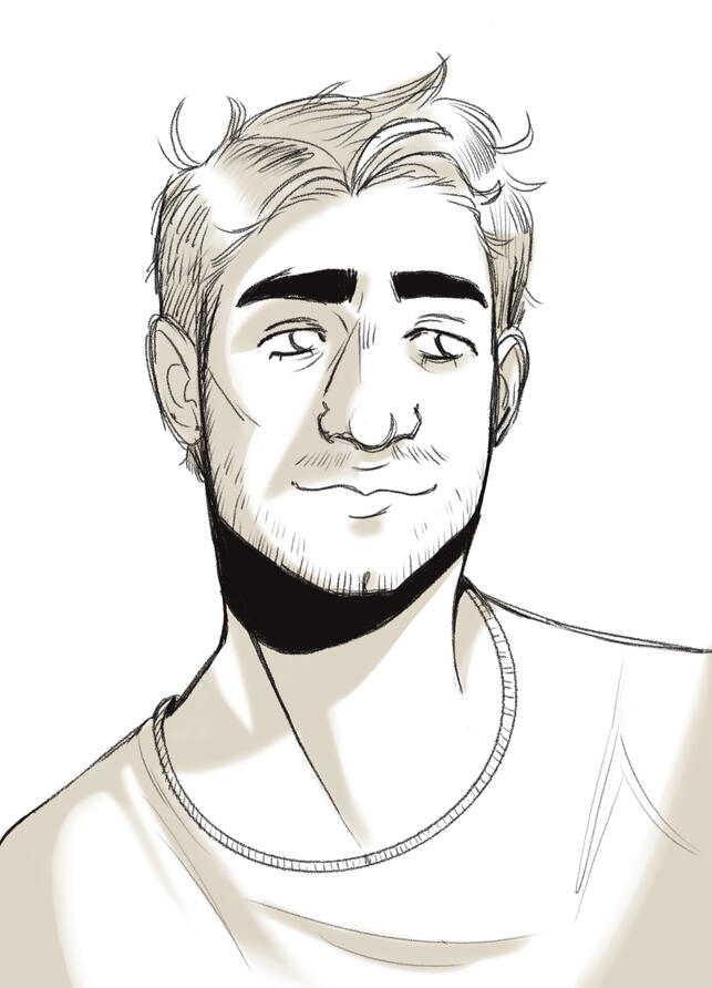 sketch of a man with sketchy, blue line-work, shading from the left and a yellow ring of spikes around his head